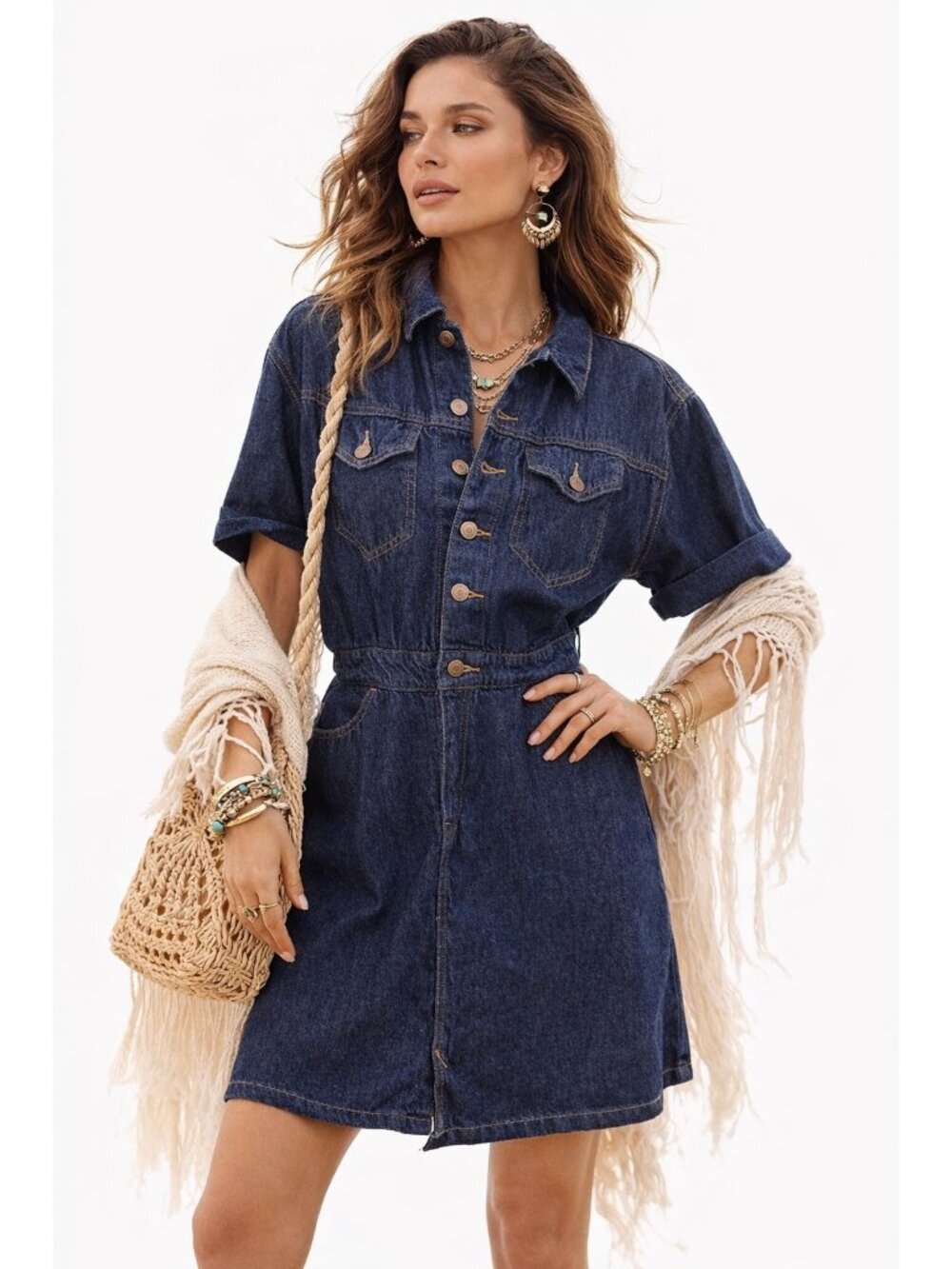 Levis Signature Dark Denim Button-Front Short-Sleeve Shirt Dress Pocket Retro 60